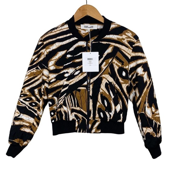 Diane von Furstenberg Caitlyn Quilted Silk Cady Bomber Abstract Black Jacket-XS - Picture 1 of 7